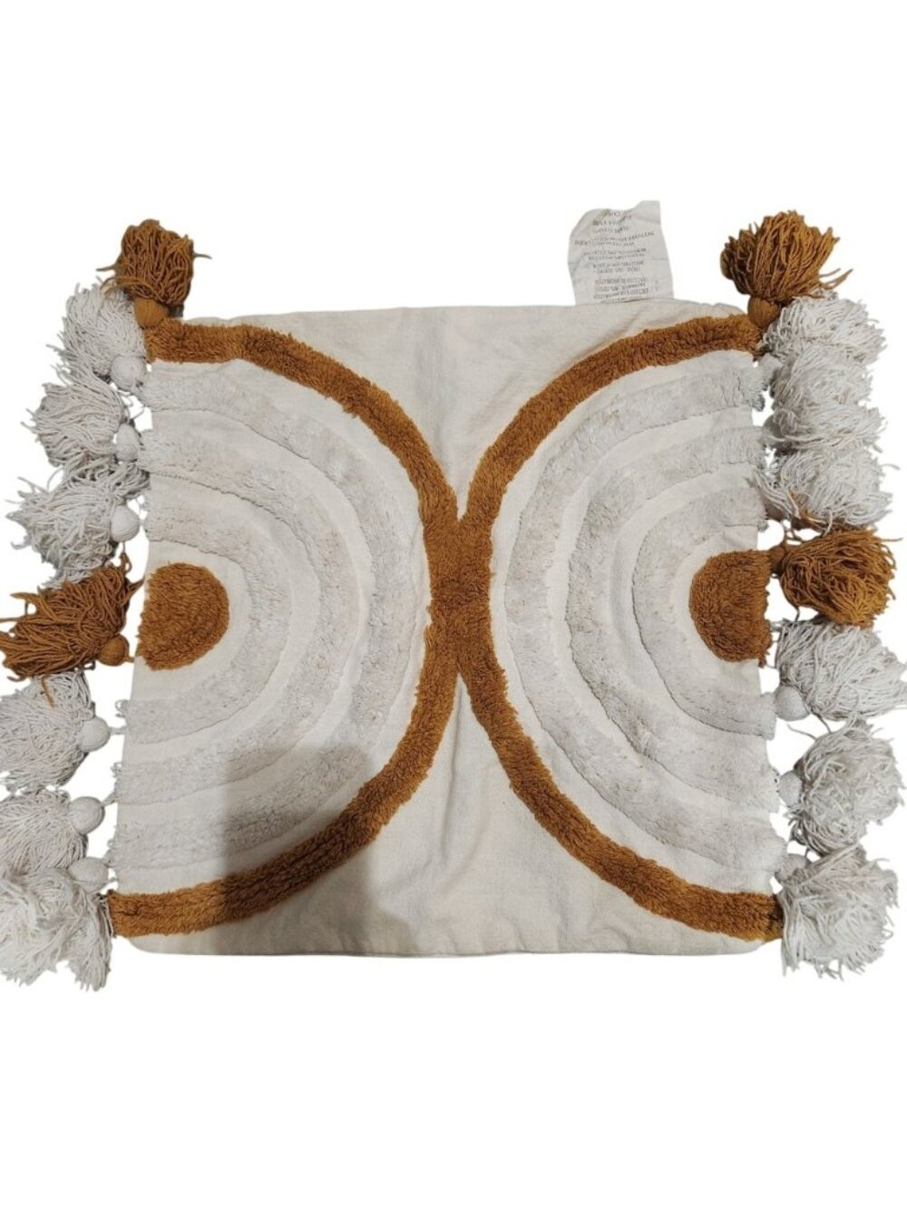 Boho Textured Throw‎ Pillow White Gold Geometric Tassel Accent 18x18 Inch